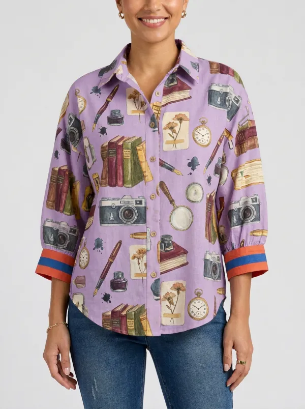 Women's Vintage Librarian Book Camera Printed Button-up Shirt