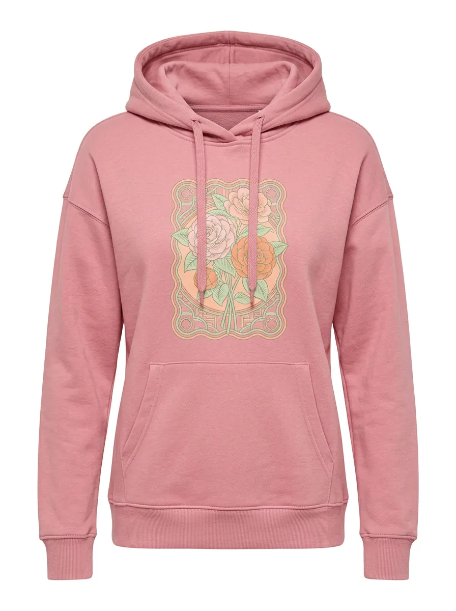 Women's Hooded Drawstring Graphic Floral-Motif Ribbed Relaxed-Fit Hoodie