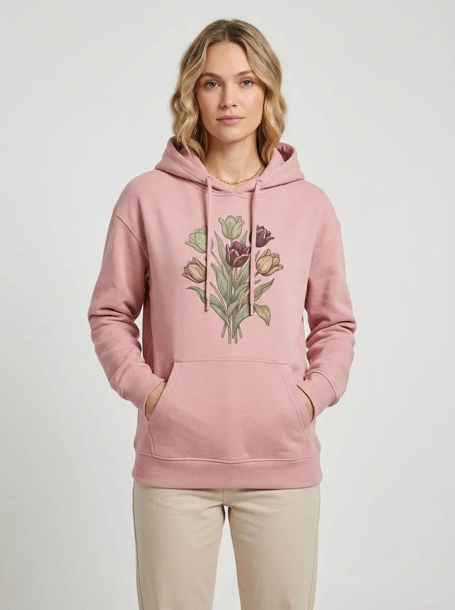 Women's Hooded Drawstring Graphic Floral-Motif Ribbed Dropped-Shoulder Hoodie
