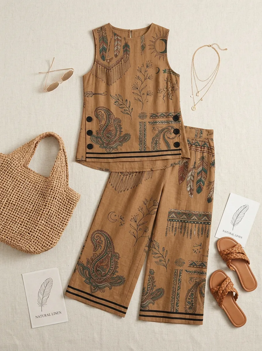 Women's Boho Style Feather Paisley Printed Sleeveless Set