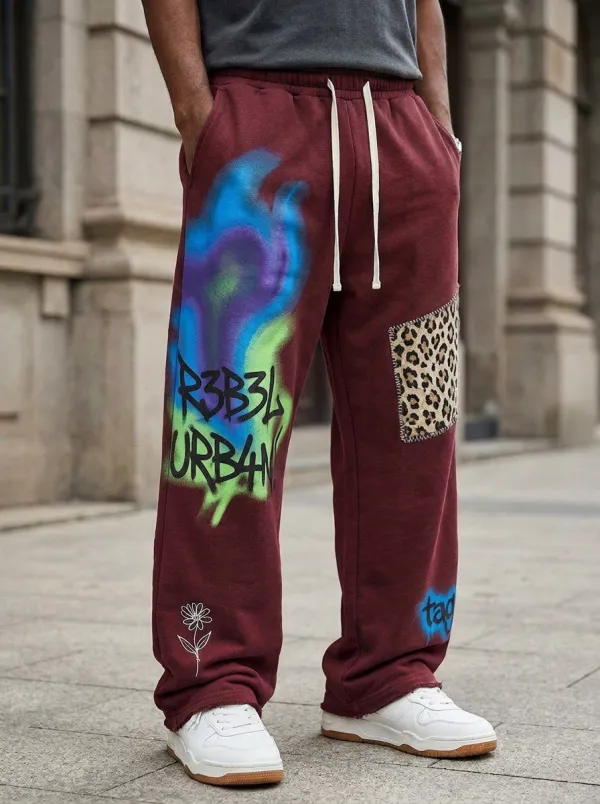 Men's Streetwear Graffiti Leopard Patch Printed Sweatpants