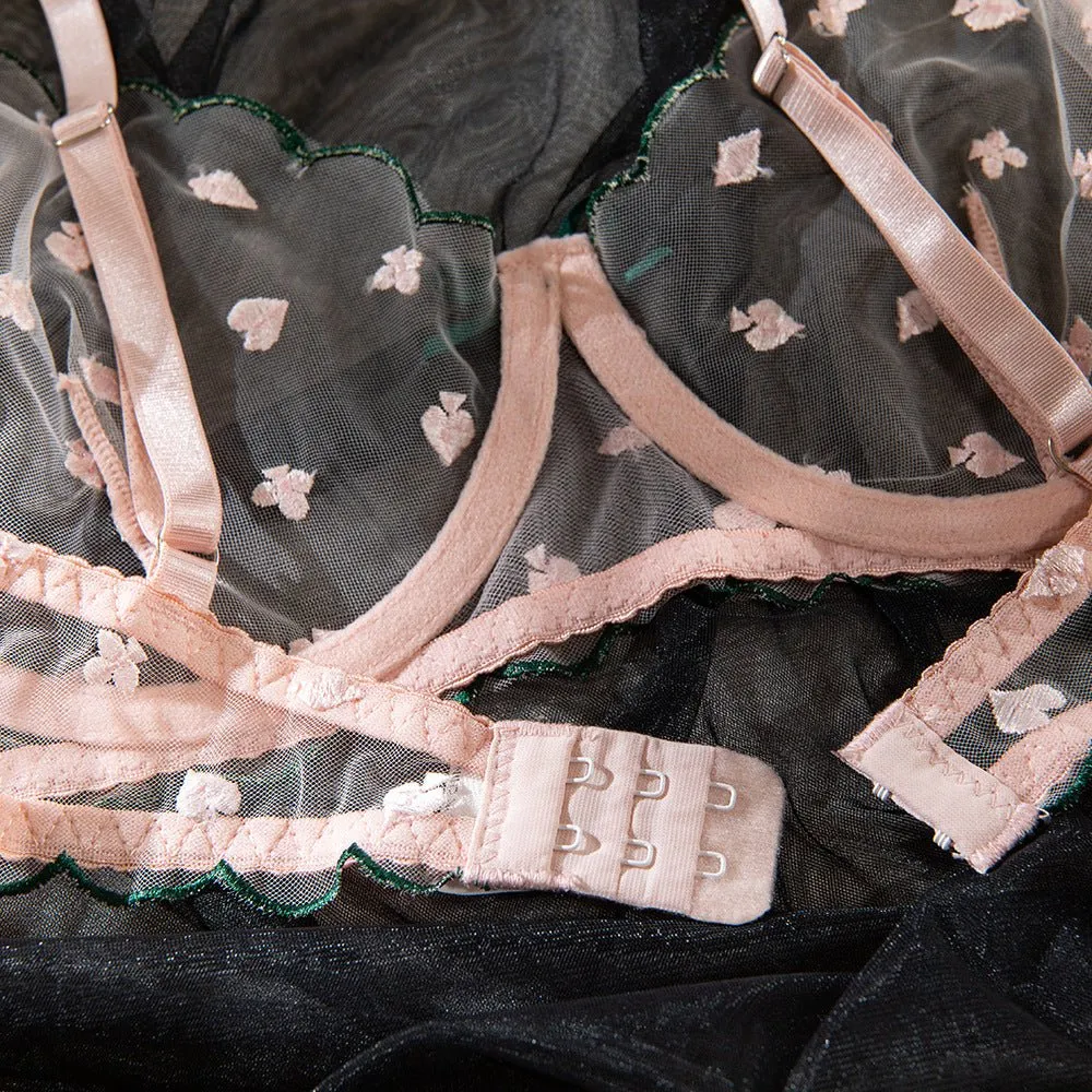 Card Pattern Sheer Lace Underwire Bra Set