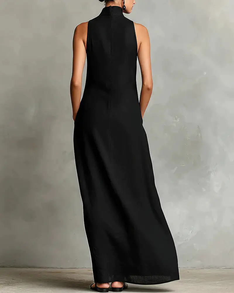 Effortless Linen Blend High Neck Maxi Dress With Pockets