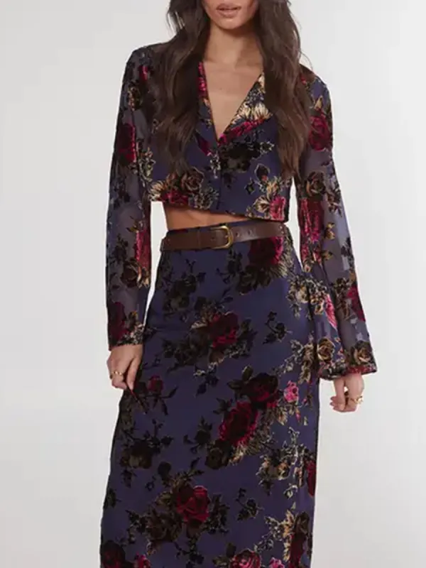 Women's Retro Velvet-Effect Floral Maxi Skirt