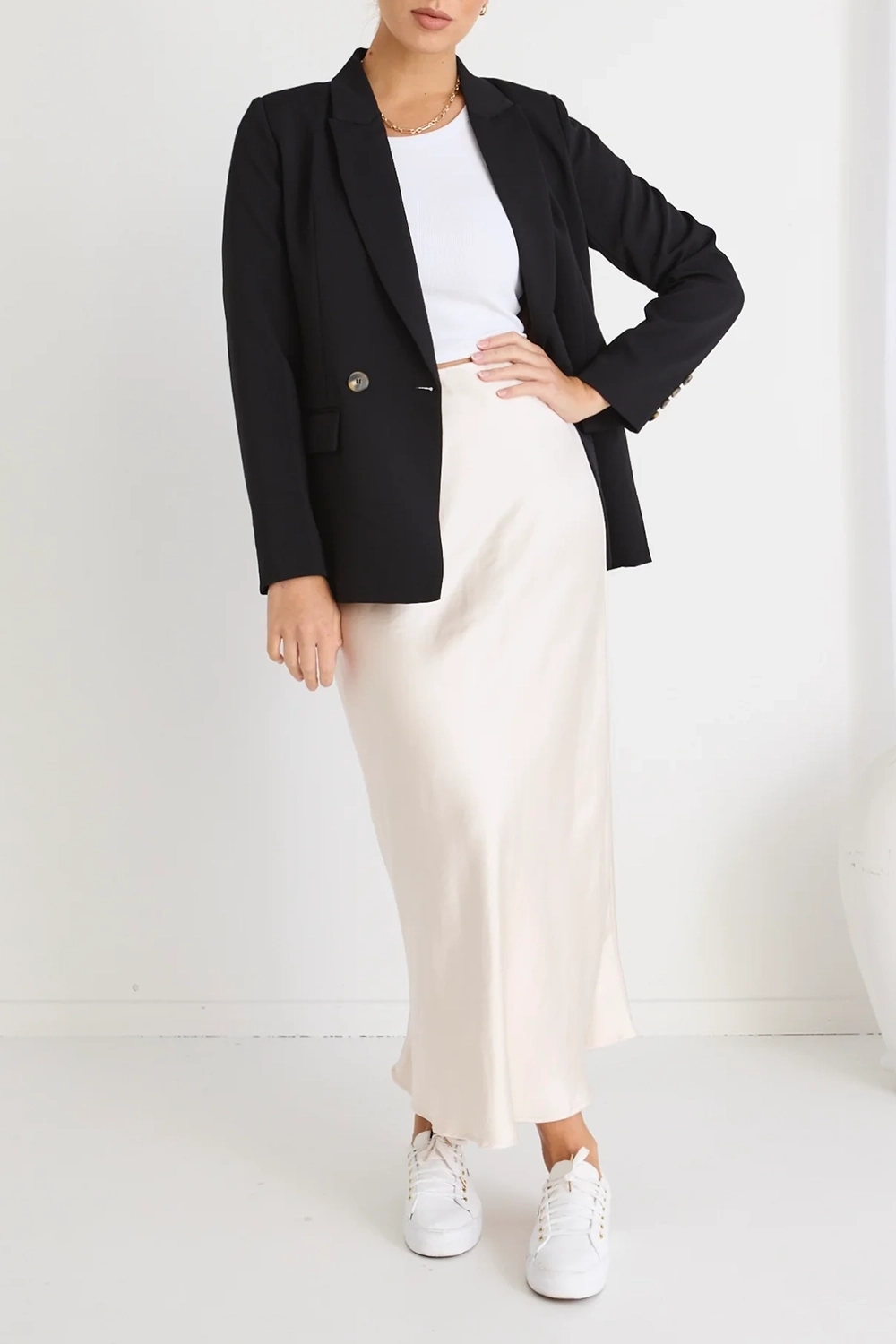 White Satin Asymmetric Midi Skirt