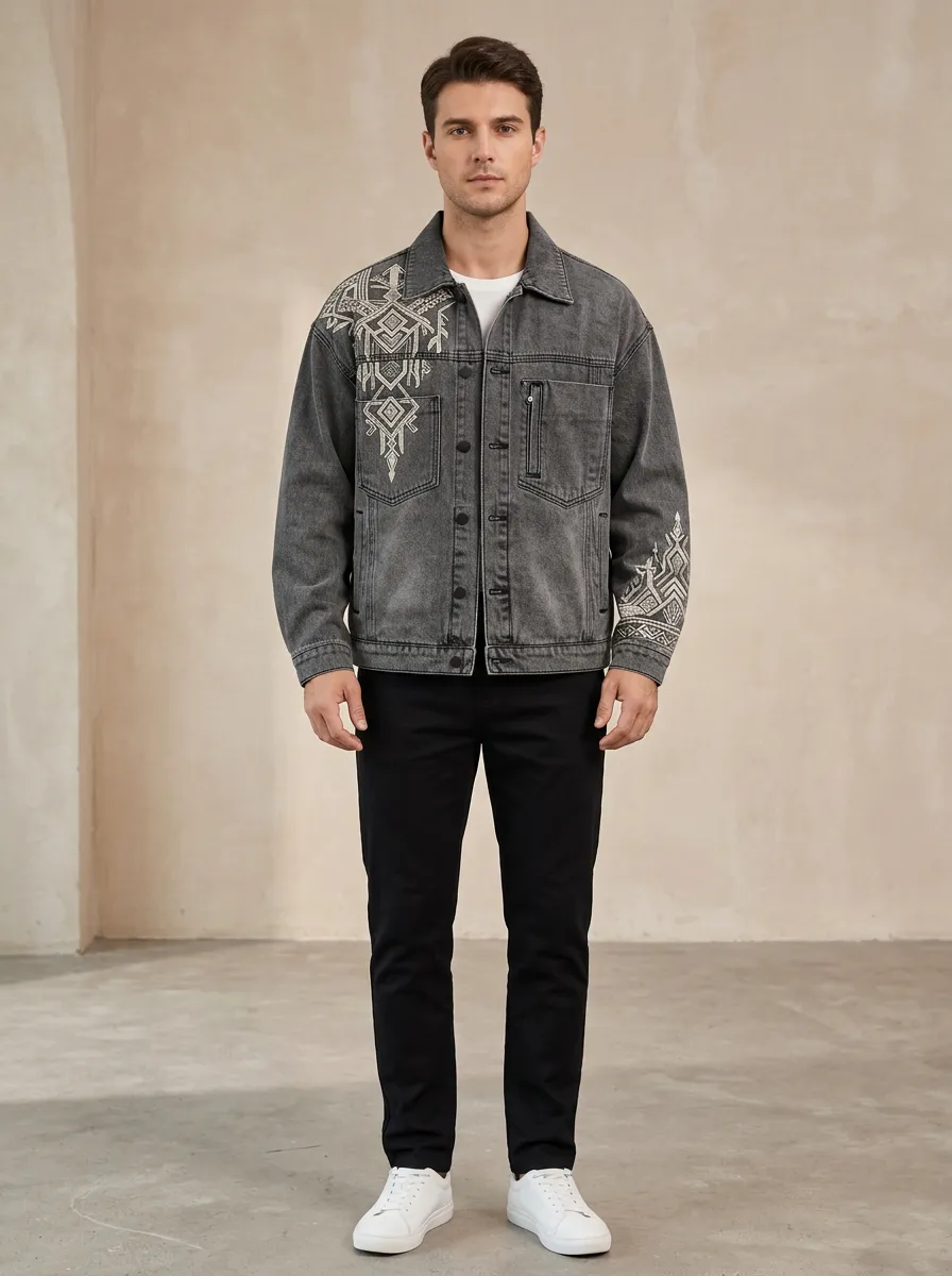 Men's Artisan Motif Tribal Geometric Denim Jacket