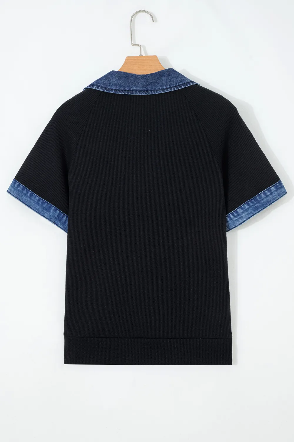 Black Waffle Knit Denim Contrast Top