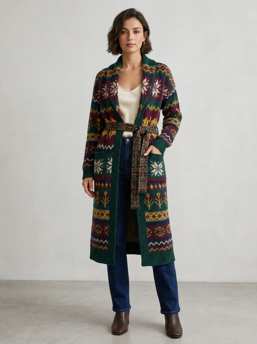 Women's Winter Holiday Nordic Snowflake Pattern Printed Cardigan