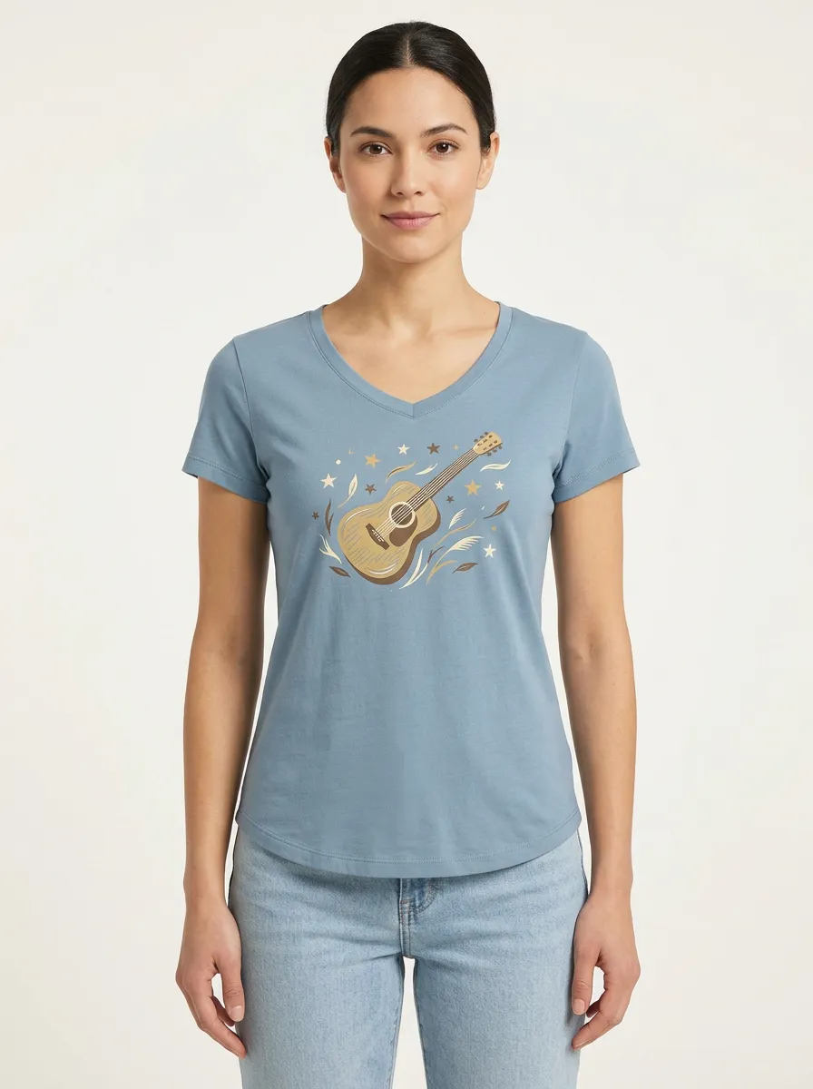 Women's Acoustic Guitar & Stars Graphic V-Neck T-Shirt