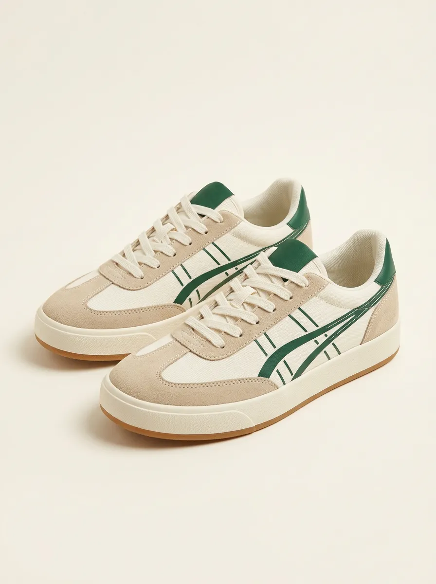 Unisex Beige Green Striped Suede-Look Sneakers