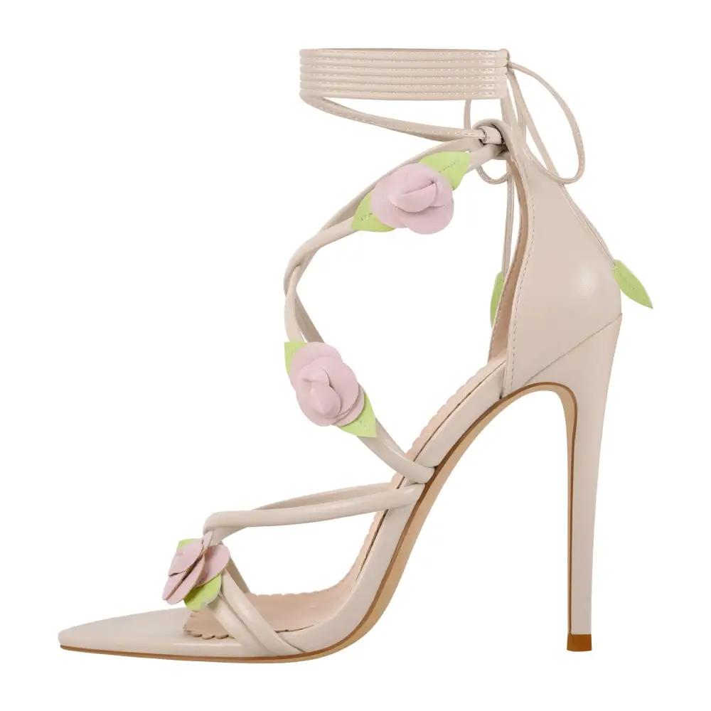 Pointed Toe Gladiator Flower Lace Up Stiletto Sandals