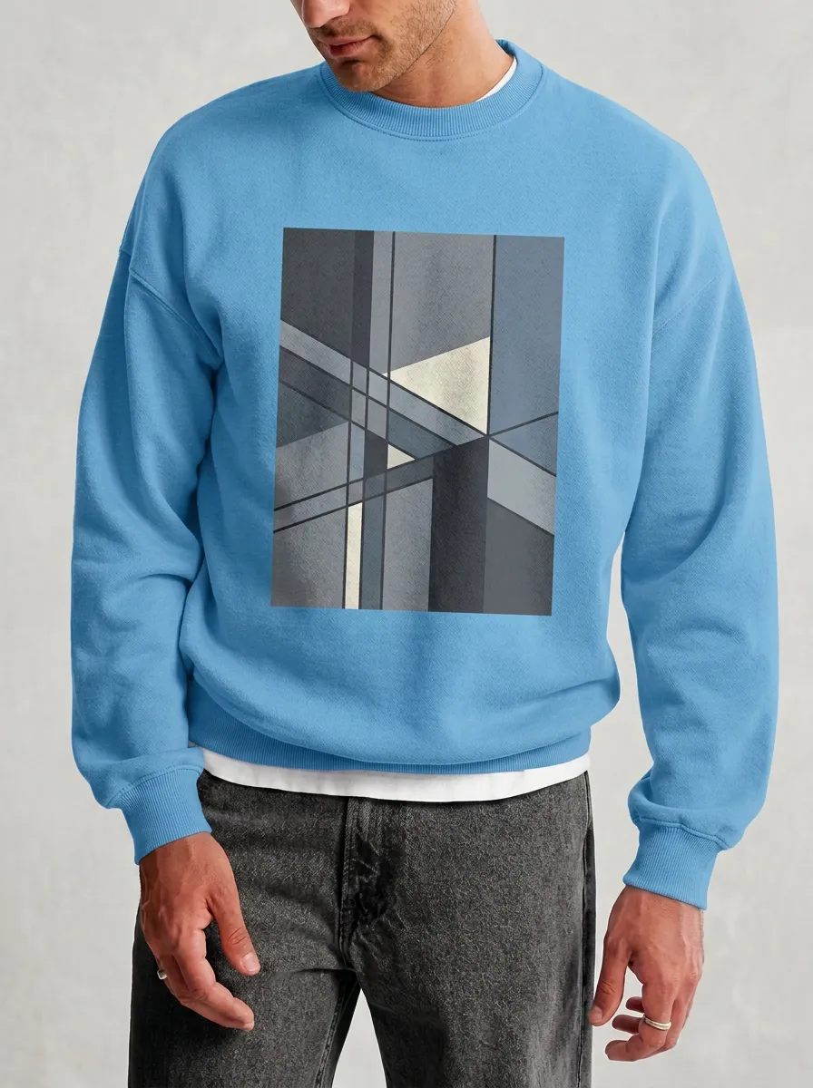 Abstract Geometric Art Graphic Crewneck Sweatshirt With Abstract Pattern And Ribbed Trim