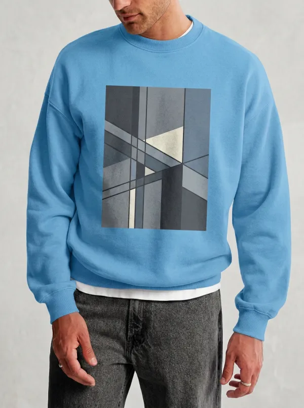 Abstract Geometric Art Graphic Crewneck Sweatshirt With Abstract Pattern And Ribbed Trim
