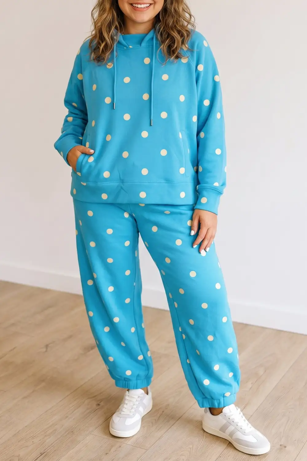 Women's Polka Dot Hooded Drawstring Long Sleeve Set