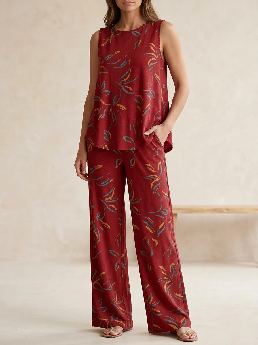 Women's Abstract Leaf Print Relaxed Top And Wide-Leg Trouser Lounge Set