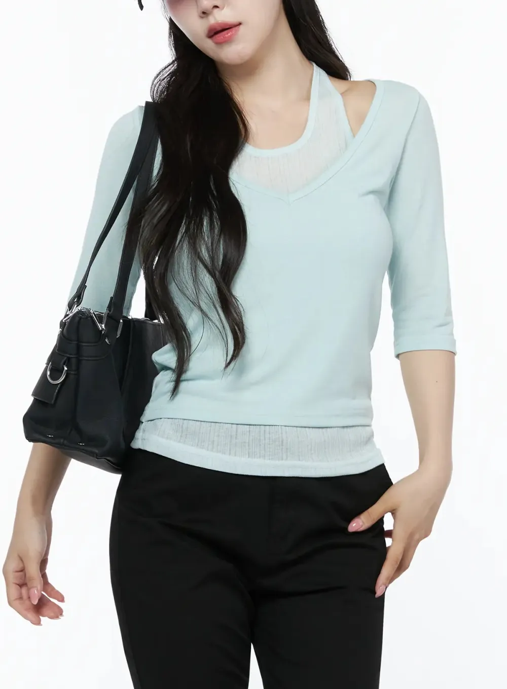 Halter Layered Three-Quarter Sleeve Top