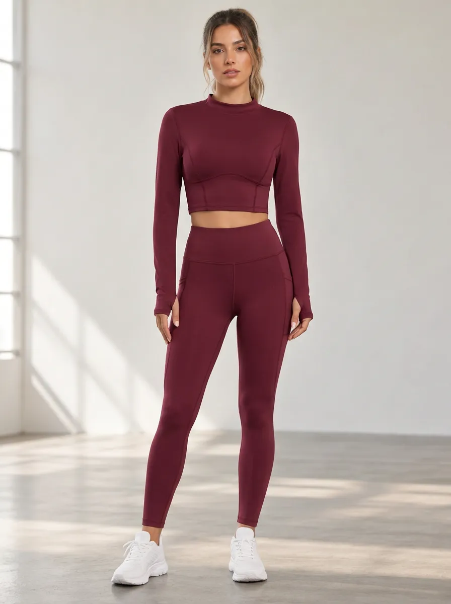 Women's Long Sleeve High Waist Ribbed Leggings Set