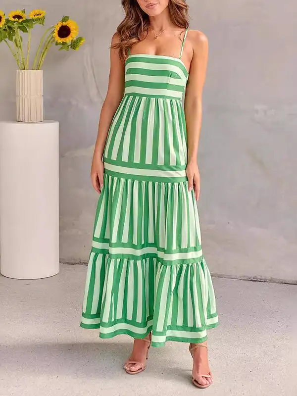 Striped Pleated Sleeveless Neck Maxi Dress