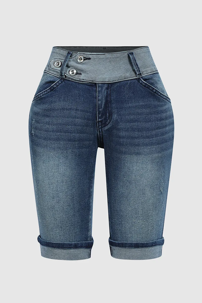 Two Tone Button Front Ripped Denim Bermuda Shorts