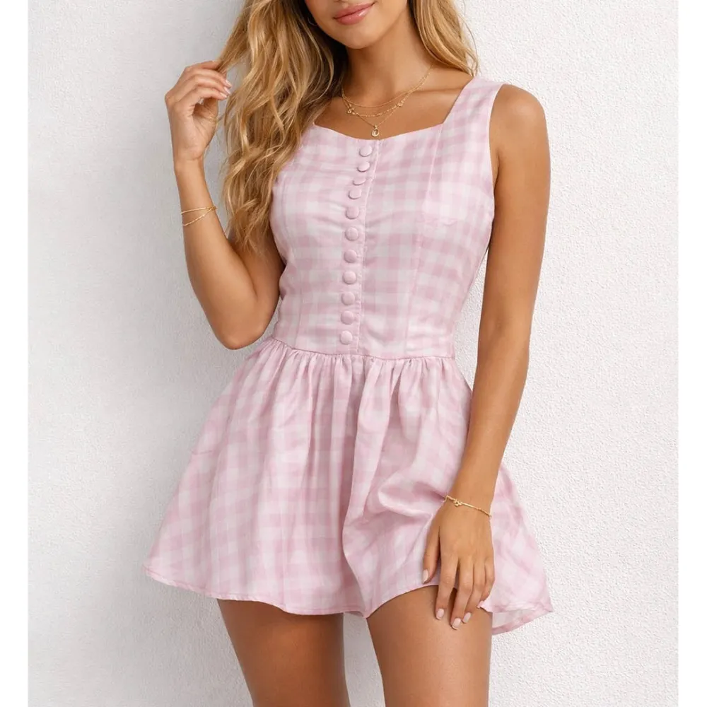 Checked Square Neck Sleeveless Puff Hem Mini Dress