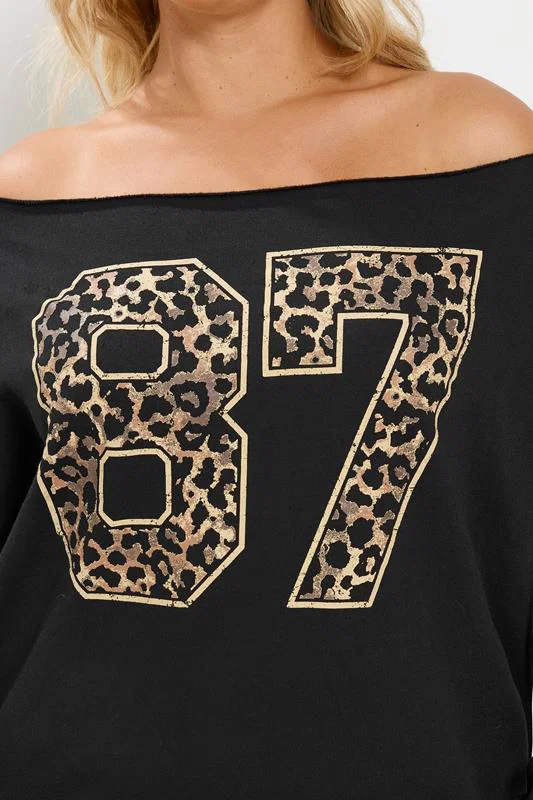 Black '87' Leopard Off Shoulder Sweatshirt detail 3