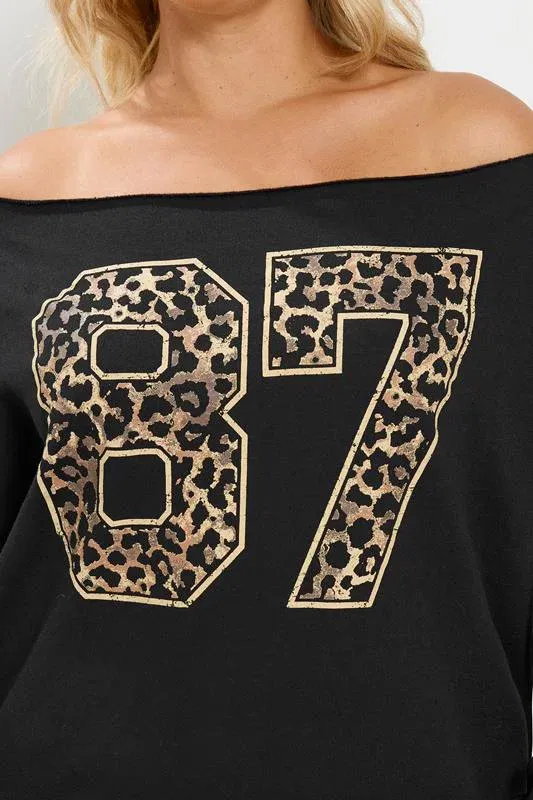 Black '87' Leopard Off Shoulder Sweatshirt