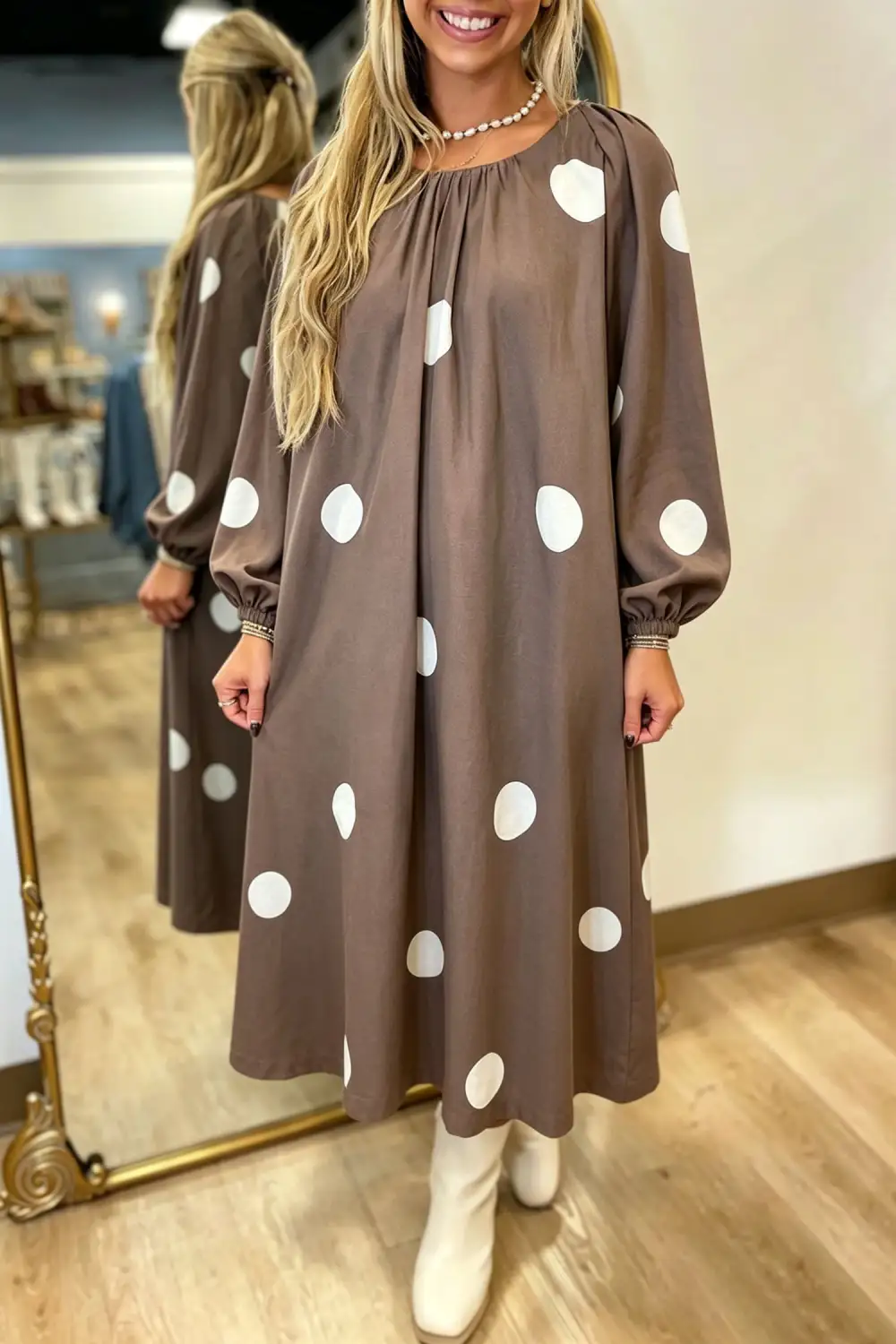 Women's Polka Dot Long Sleeve Bow Detail Midi Dress