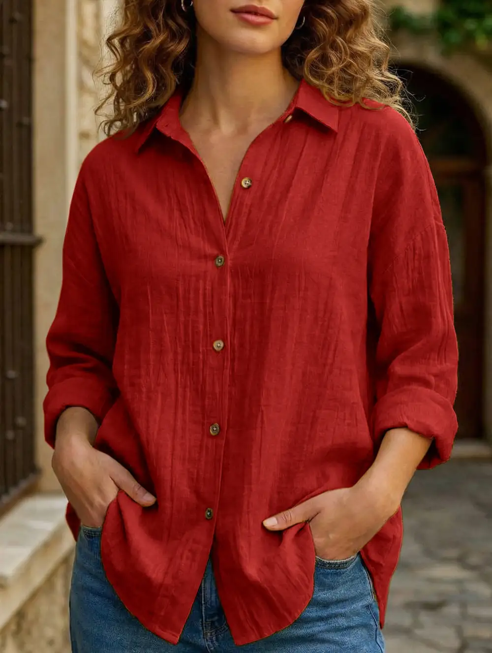 Button Detail Pleated Button-Up Shirt