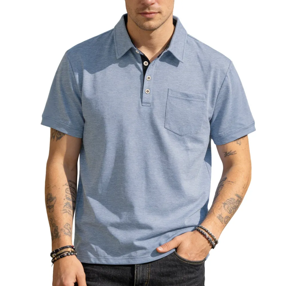Button Placket Chest Pocket Short Sleeve Jersey Polo Shirt