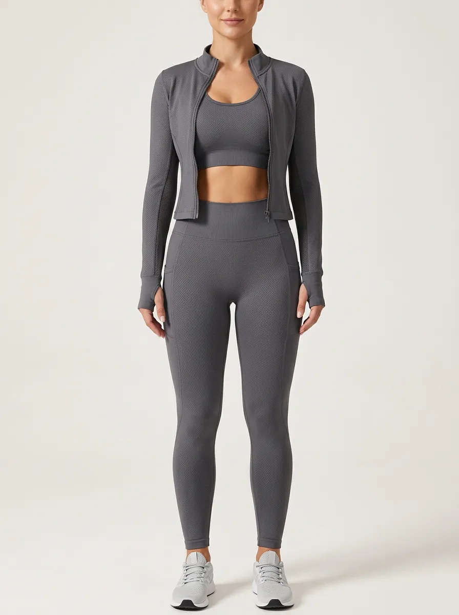 Urban Textured Detail Zip Detail Street Style Women's Three Piece Activewear Set
