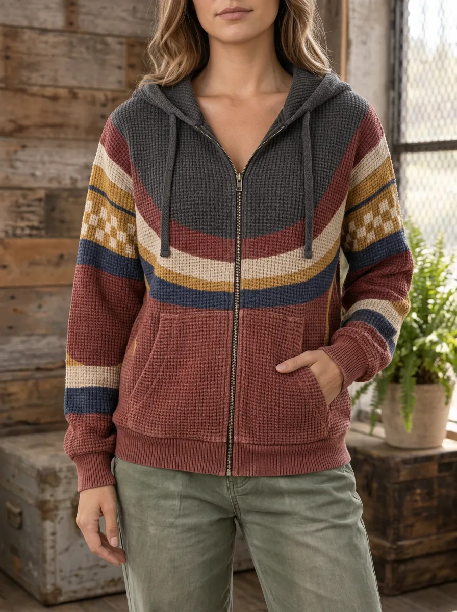 Women's Boho Striped Signature Motif Waffle Zip-Up Hoodie