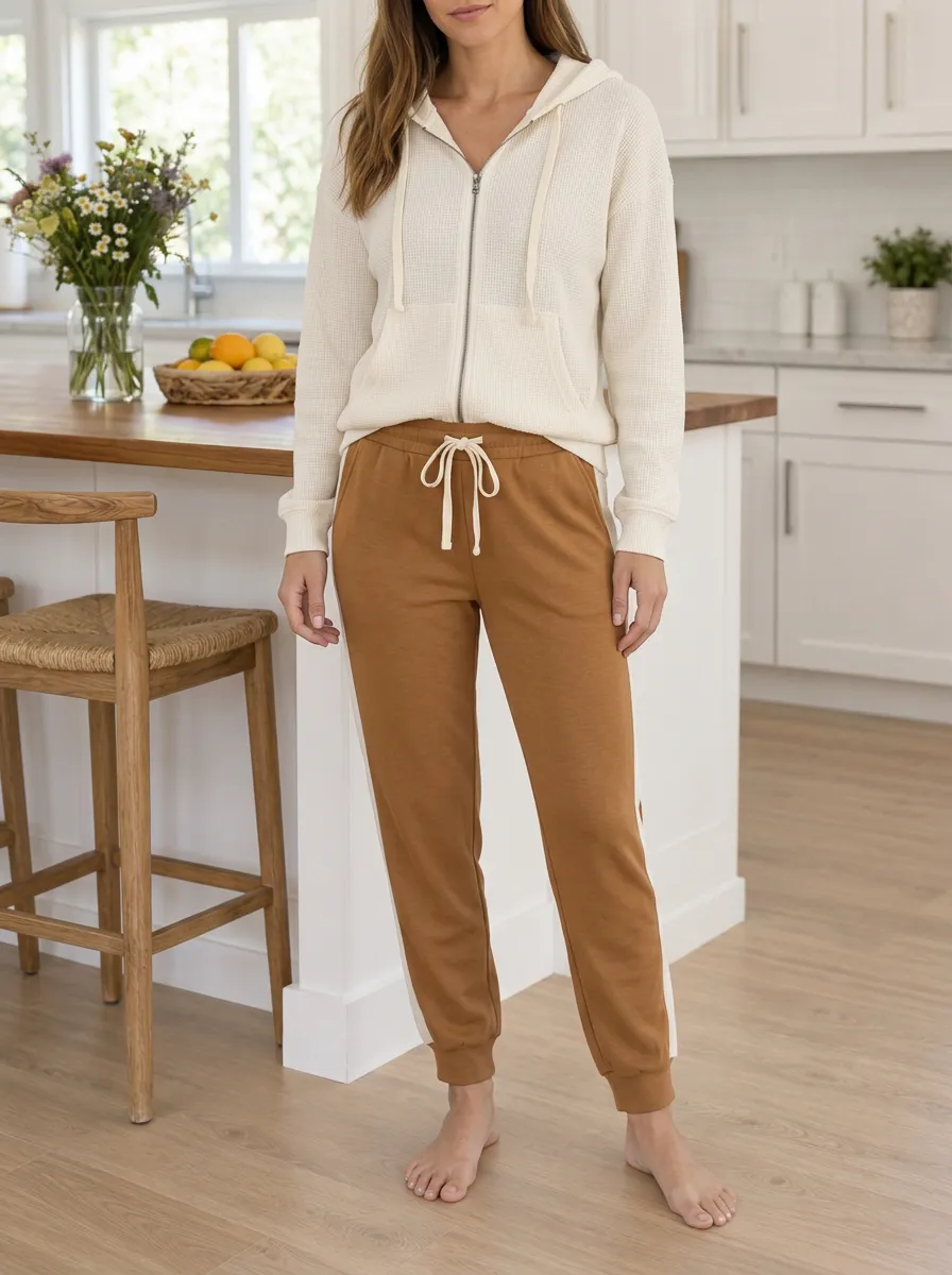 Women's Waffle Texture Stripe Zip Hoodie Jogger Set