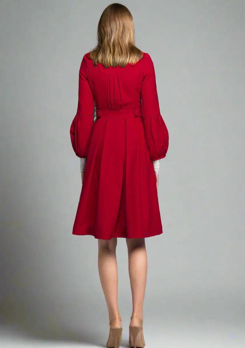Wool Blend Tailored Single Breasted Pleated Pocketed Coat