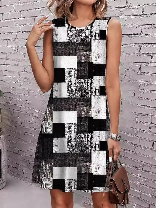 Sleeveless Plaid Round Neck Mini Dress