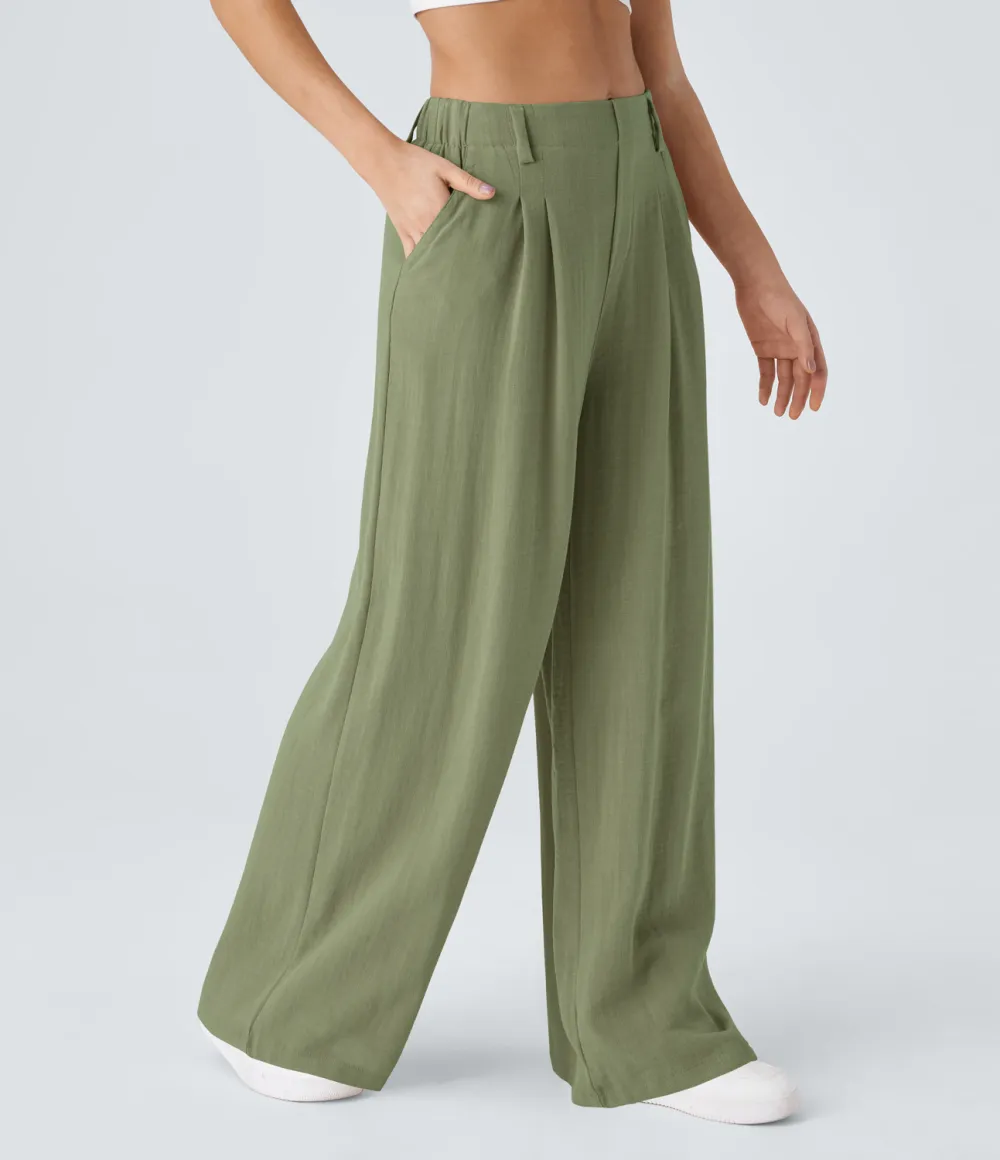 High Waisted Plicated Side Pocket Wide Leg Flowy Solid Palazzo Casual Linen-Feel Pants