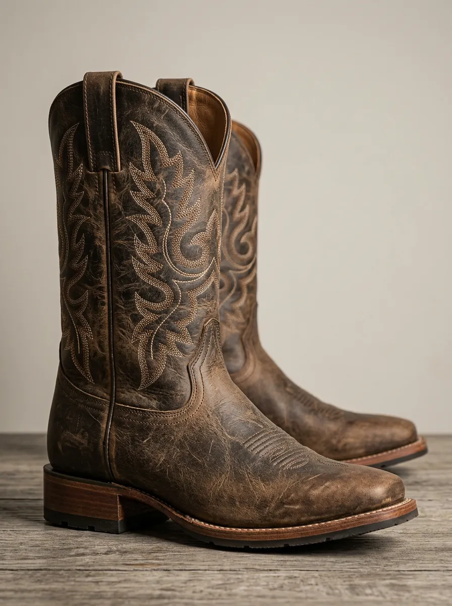 Rustic Embroidered Distressed Leather-Look Edit Men's Western Cowboy Boots