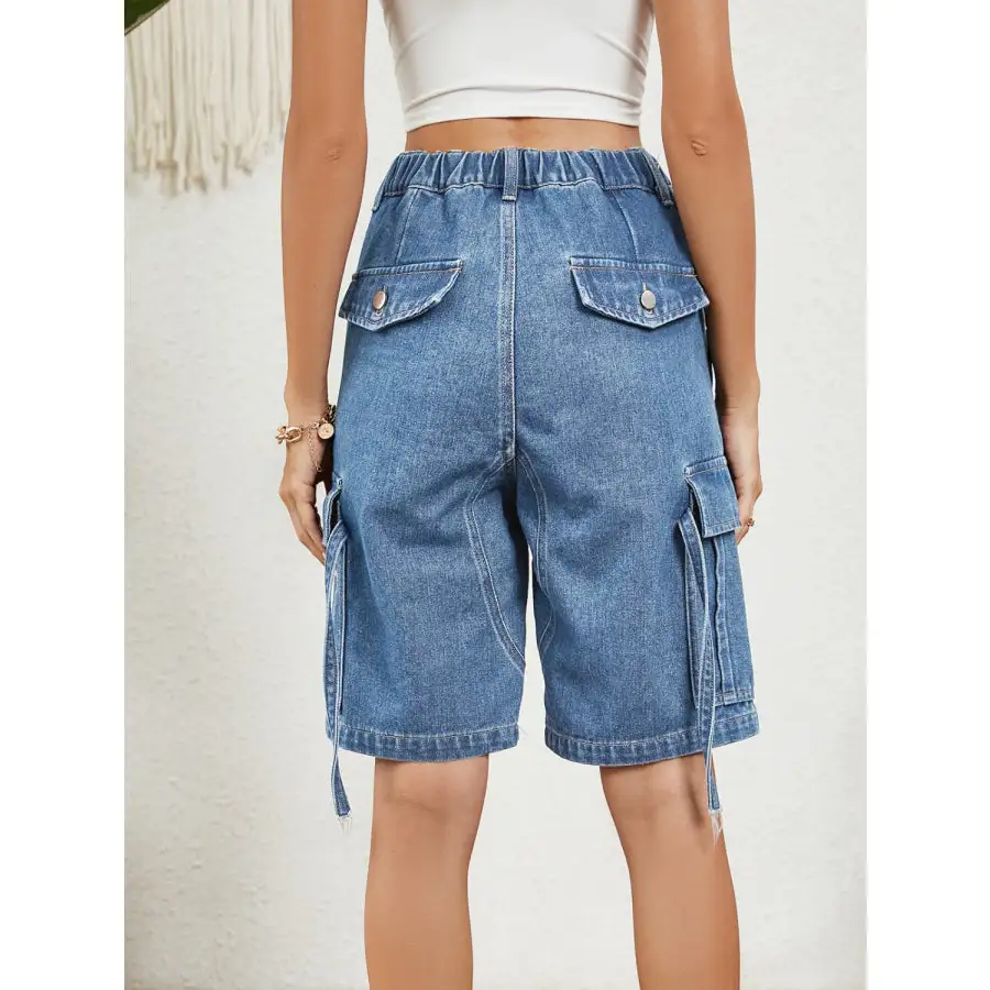 Buttoned Elastic Waist Denim Shorts with Pockets