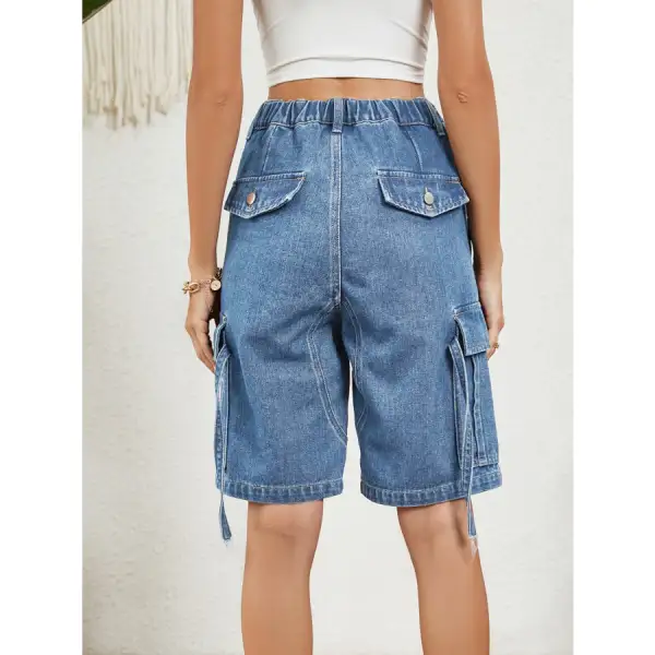Buttoned Elastic Waist Denim Shorts with Pockets