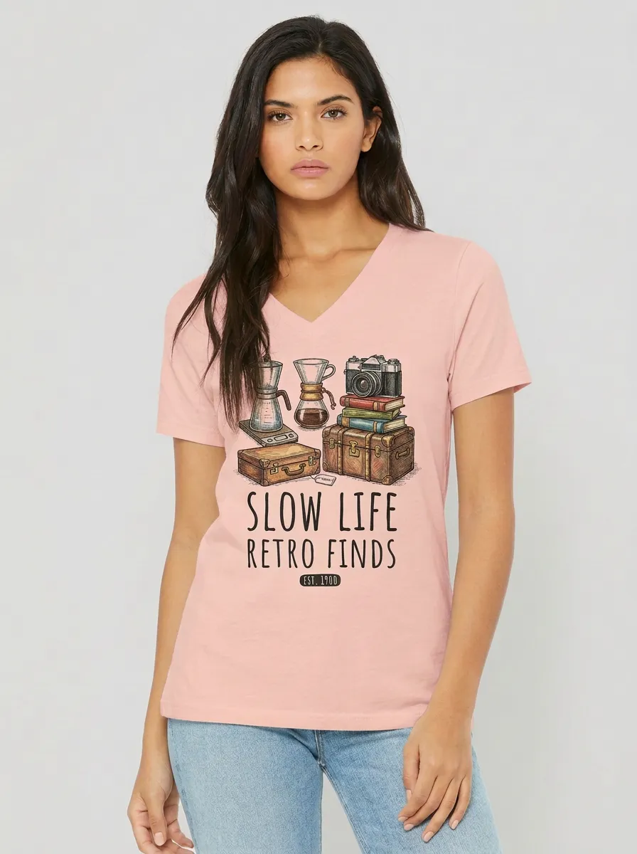 Women's Retro Lifestyle Coffee Camera Books Graphic V-Neck T-Shirt