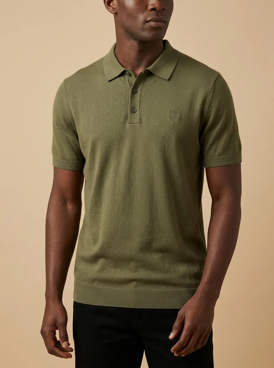Textured Leaf-Pattern Embroidered Men's Polo Shirt
