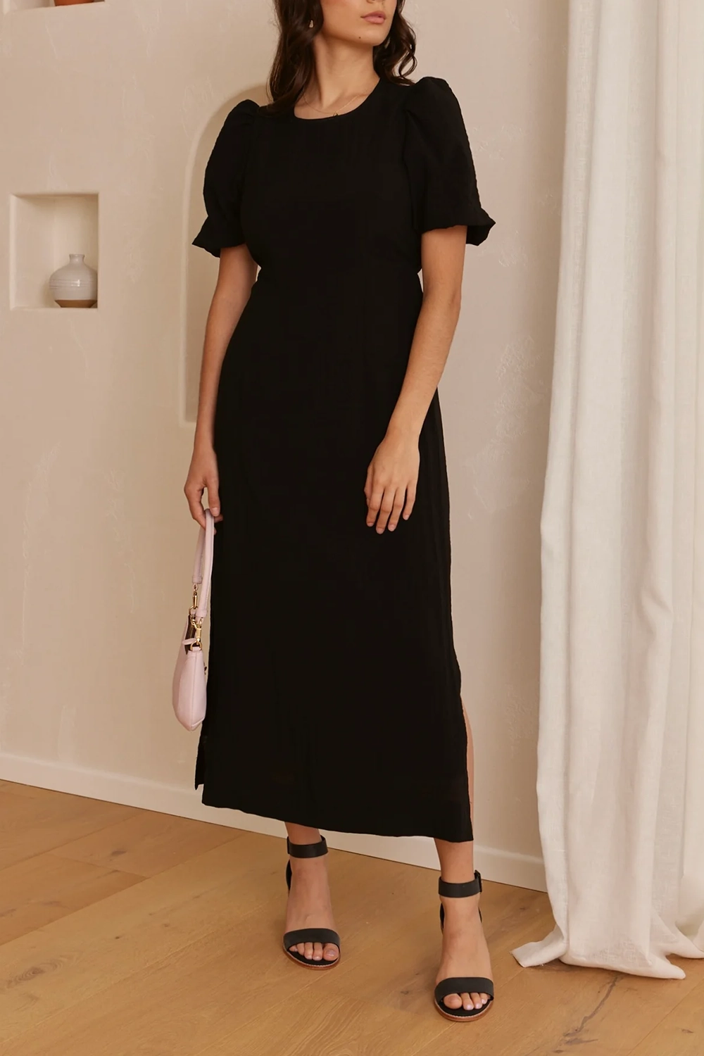 Black Puff - Sleeve Tie - Waist Maxi Dress