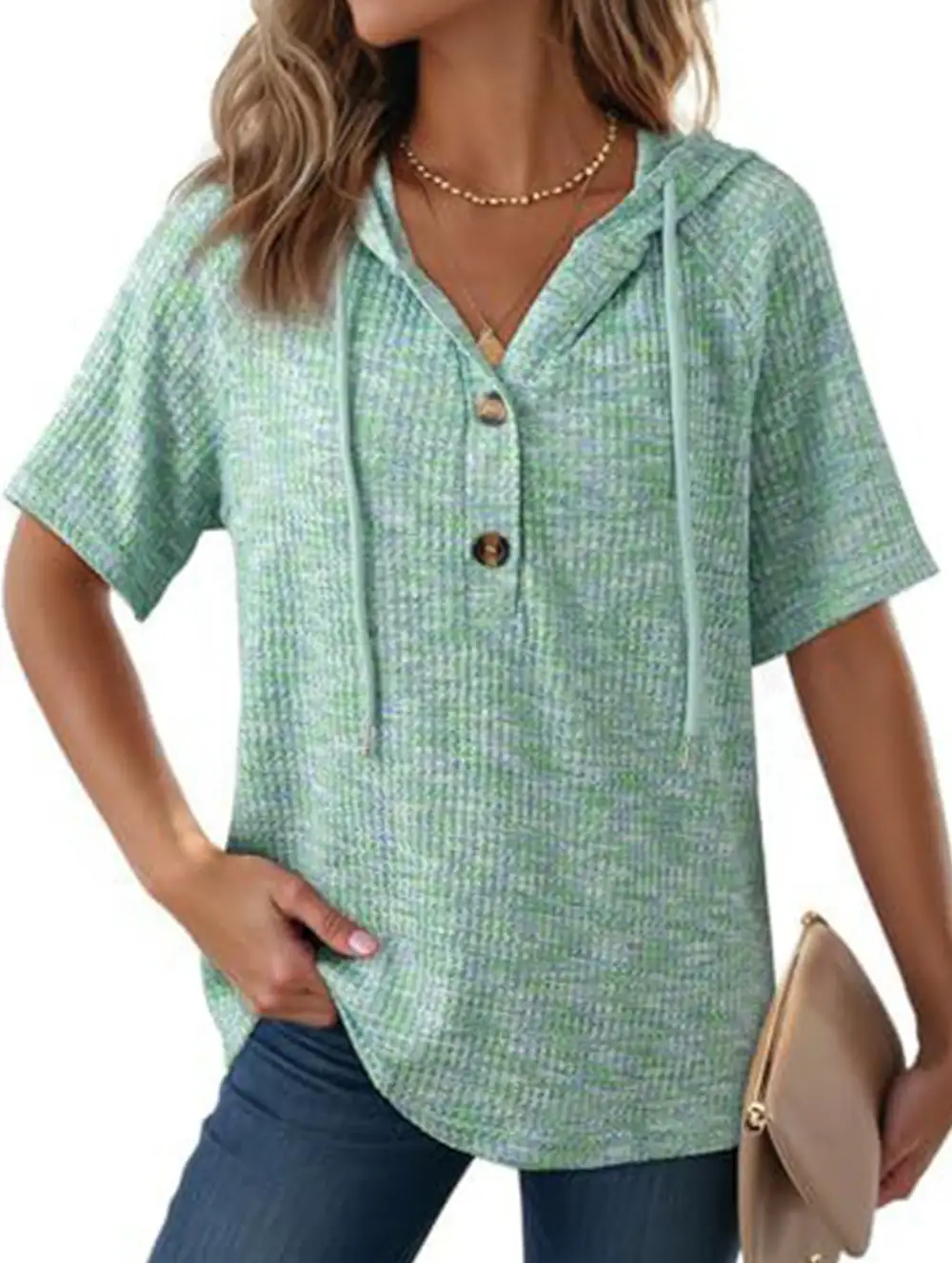 Waffle V-Neck Hooded Short Sleeve Top