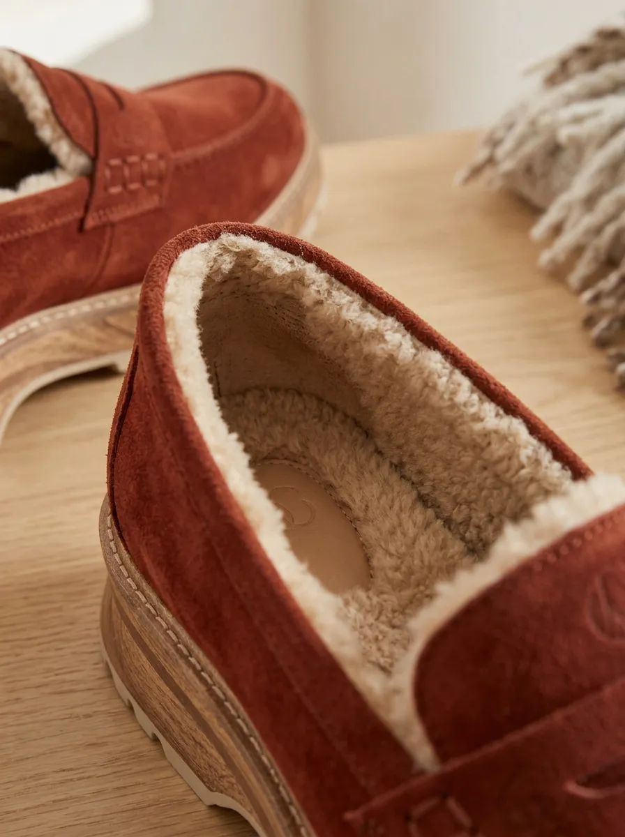Women's Utility Faux Fur Lined Suede Wood Sole Loafers