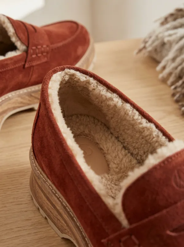 Women's Utility Faux Fur Lined Suede Wood Sole Loafers