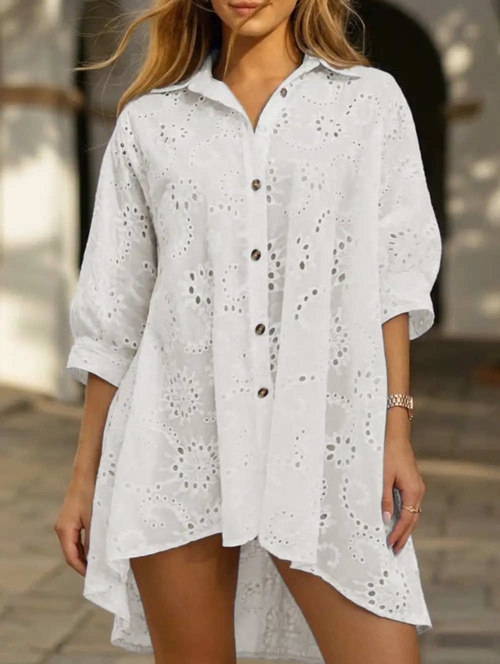 Openwork Flower Button Shirt