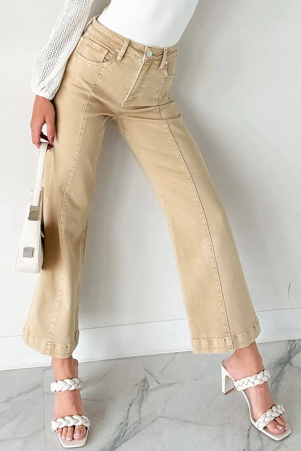 Wide Leg Cropped Seam Detail Casual Jeans