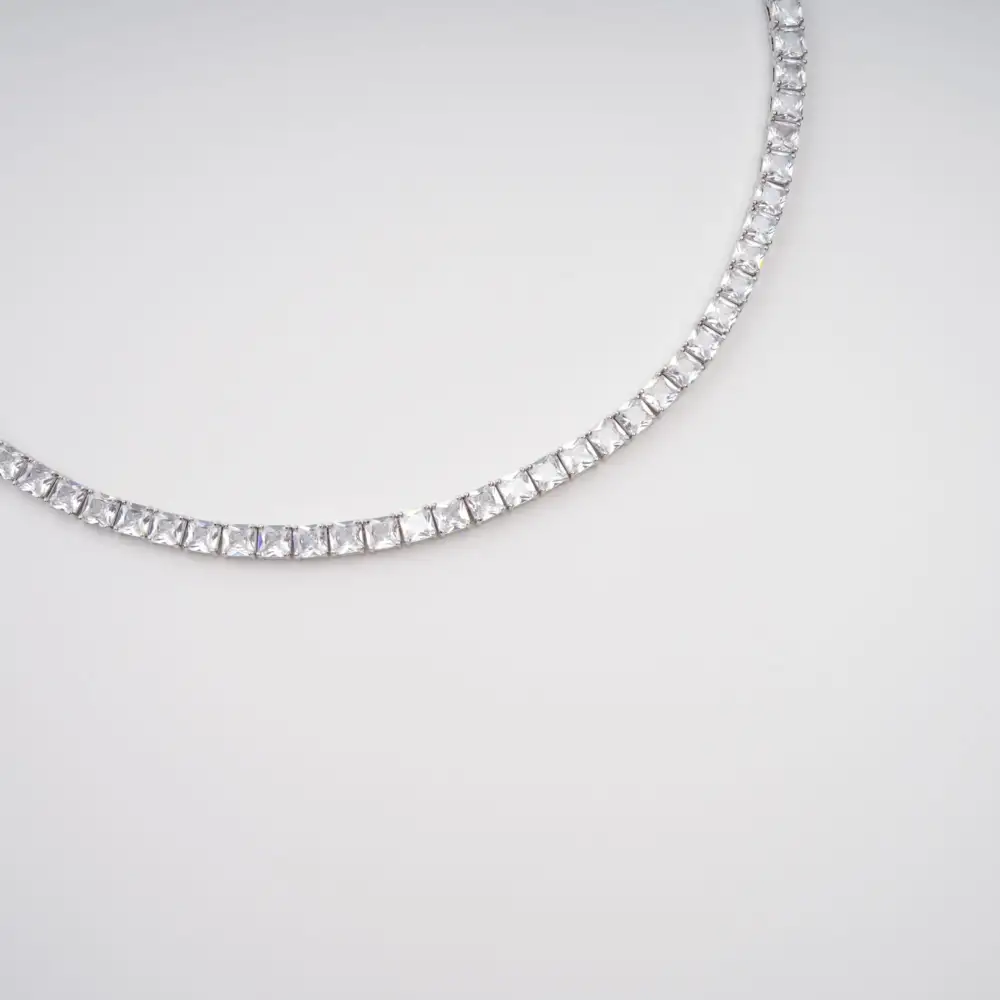 Silver Tone Square Cut Crystal Embellished Necklace