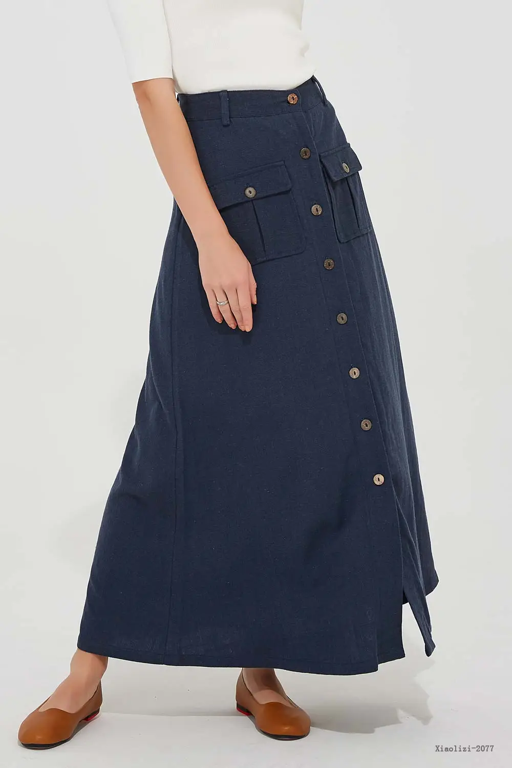 Linen Blend Button Front Maxi Skirt