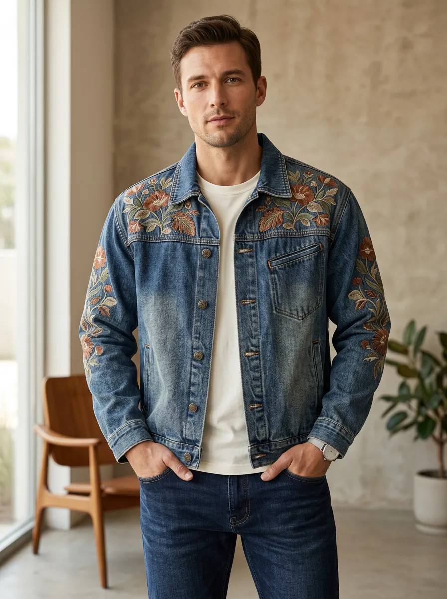 Men's Floral Detailed Vintage Inspired Denim Jacket