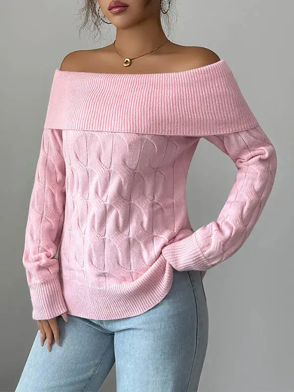 Paneled Off Shoulder Long Sleeve Pullover Sweater